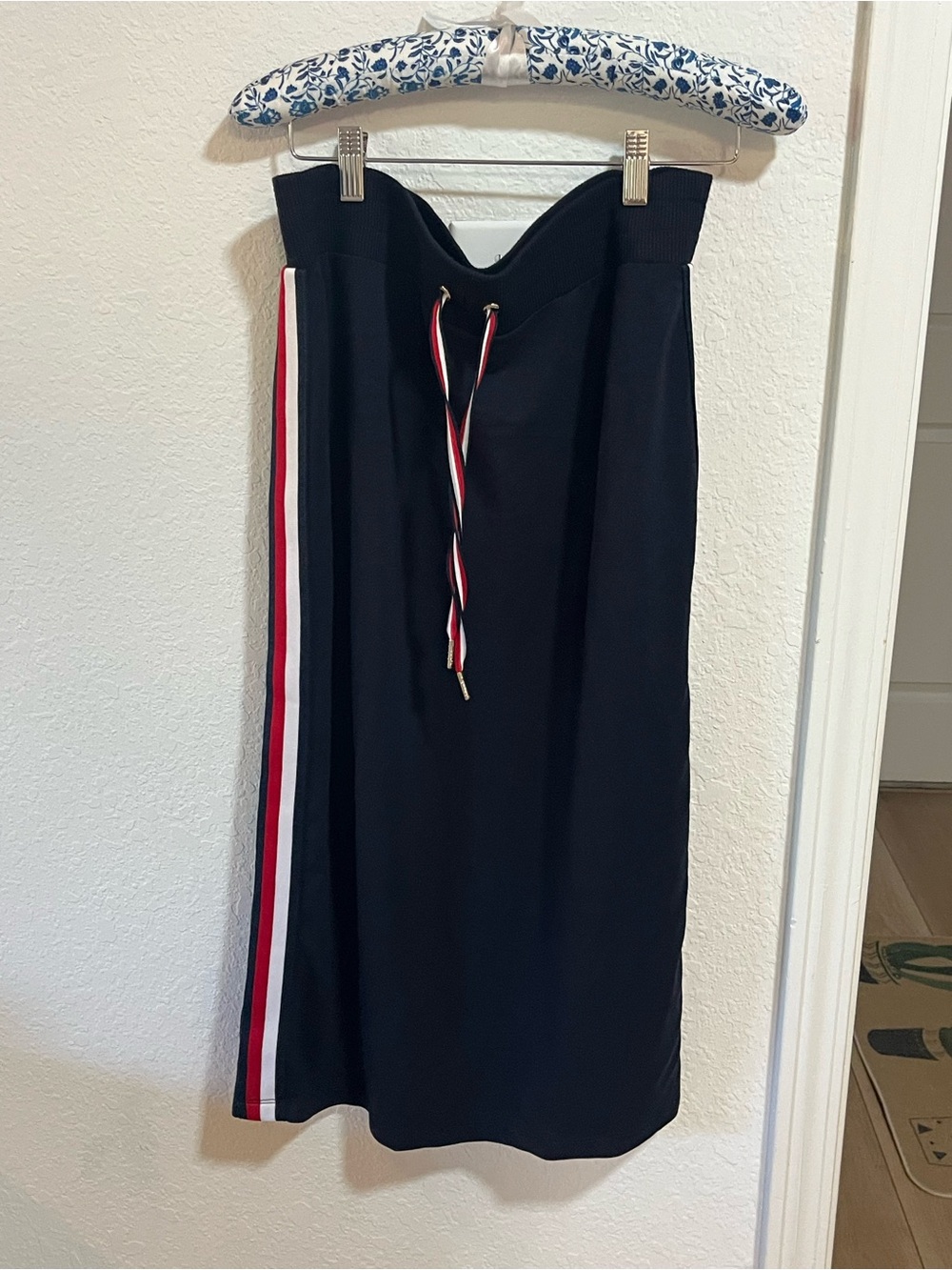 Classic Navy Midi Skirt with Red and White Side Stripe